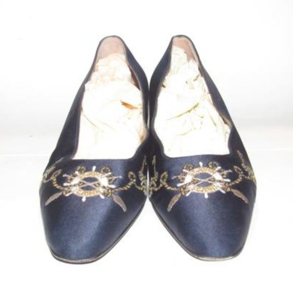 St. John Navy Blue Satin Leather Flat Low Heels